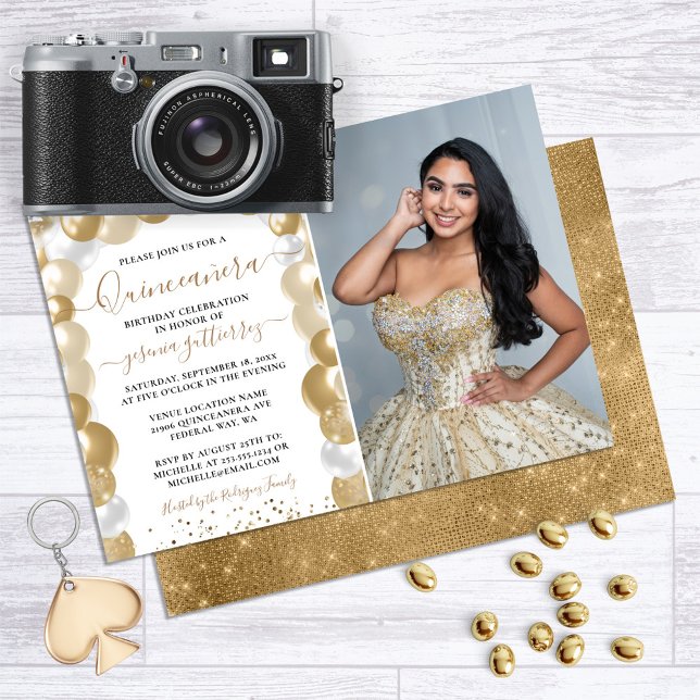 Invitation Étincelle blanche en or photo Balloon Quinceañera (Gold Glitter Balloon Quinceanera Invitation)