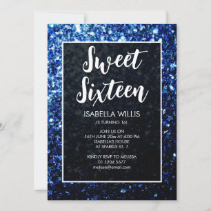 Invitation Étincelle bleu foncé Sweet 16 élégant script