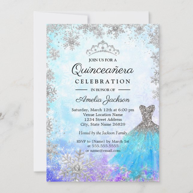 Invitation Étincelle Bleu pourpre Snowflakes Quinceanera d'hi (Devant)