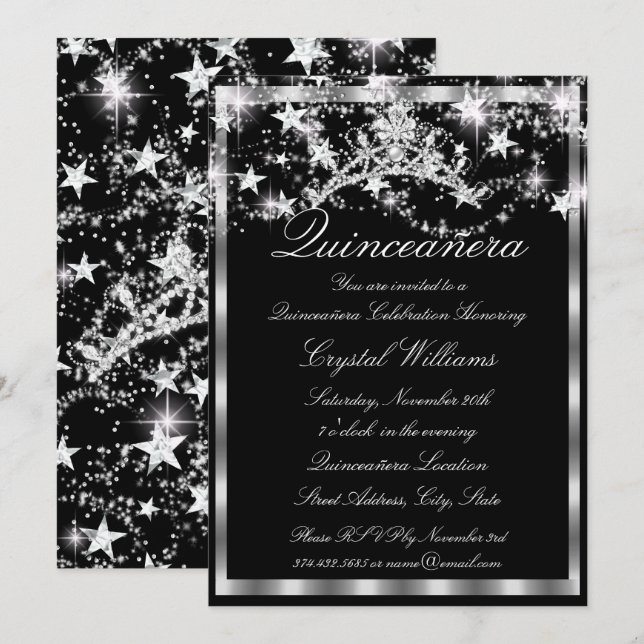 Invitation Étincelle en argent noir Tiara Stars Quinceanera (Devant / Derrière)