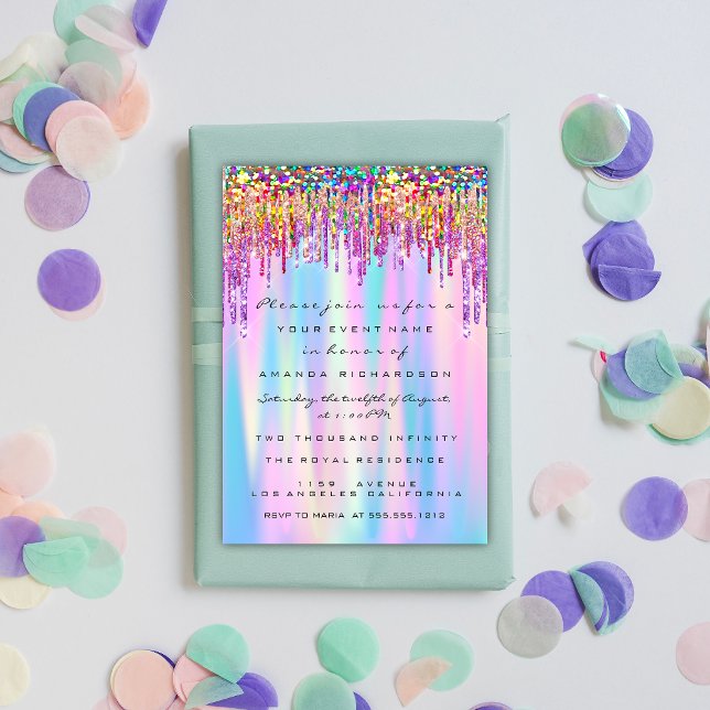 Invitation Étincelle et éclat avec Parties scintillant arc-en (Rainbow Glitter Drip Bridal Sweet 16th Holographic Invitation)