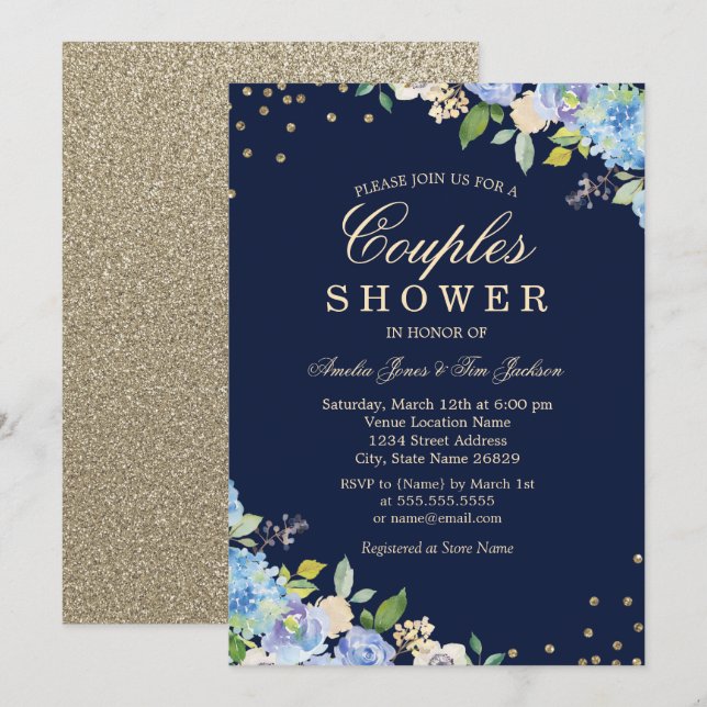 Invitation Étincelle Floral Blue Gold Couples Douche Invitati (Devant / Derrière)
