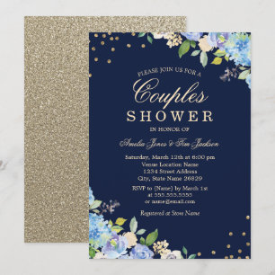 Invitation Étincelle Floral Blue Gold Couples Douche Invitati