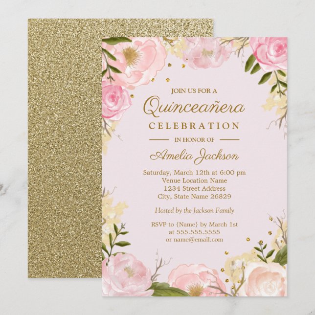 Invitation Étincelle Florale Or Rose Quinceanera (Devant / Derrière)