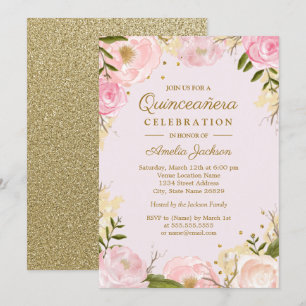 Invitation Étincelle Florale Or Rose Quinceanera