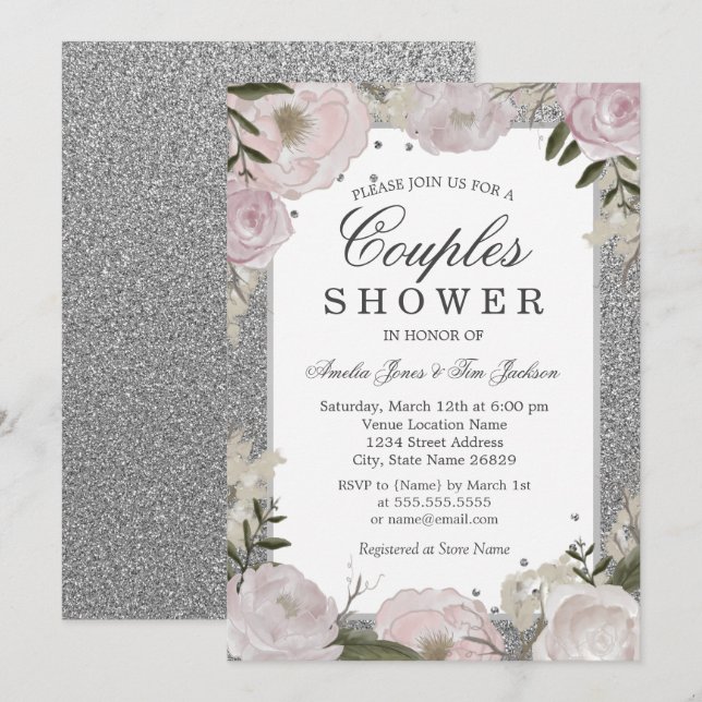 Invitation Étincelle Rose Argent Floral Couple Douche (Devant / Derrière)