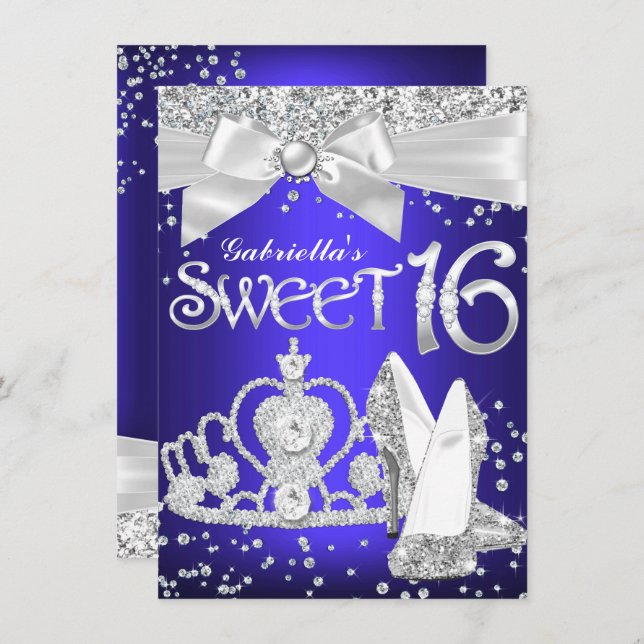 Invitation Étincelle Tiara & talons Sweet 16 Royal Blue viole (Devant / Derrière)