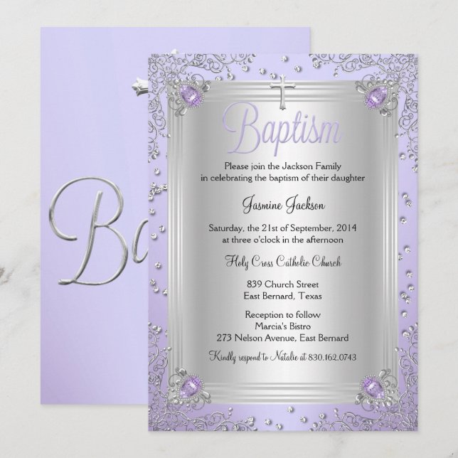 Invitation Étincelle Violette Bijou Baptême (Devant / Derrière)
