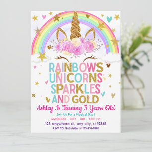 Invitation Étincelles et licorne d'or Anniversaire arc-en-cie