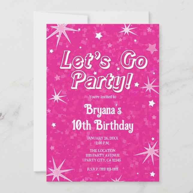 Invitation Étincelles Étoiles Rose Chaud Allons Fêter Anniver (Devant)