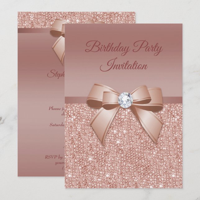 Invitation Étincelles & Glamor, Rose Gold Birthday Party (Devant / Derrière)