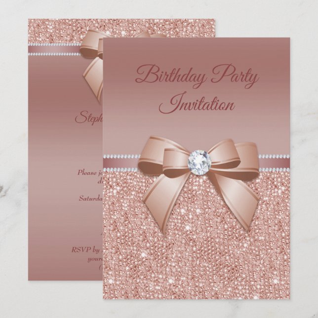 Invitation Étincelles & Glamor, Rose Gold Birthday Party (Devant / Derrière)