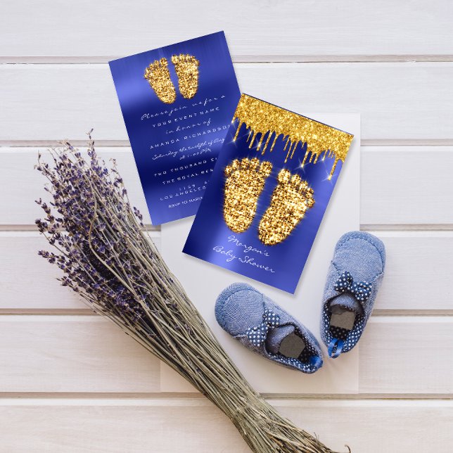Invitation Étincelles Gold Royal Blue Baby shower Pieds Garço (Créateur téléchargé)