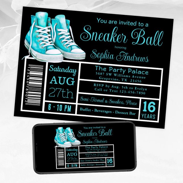 Invitation Étiquette de chaussure de fête d'anniversaire de b (Teal sneaker ball invitation shoe label style. Available for instant download and print.)