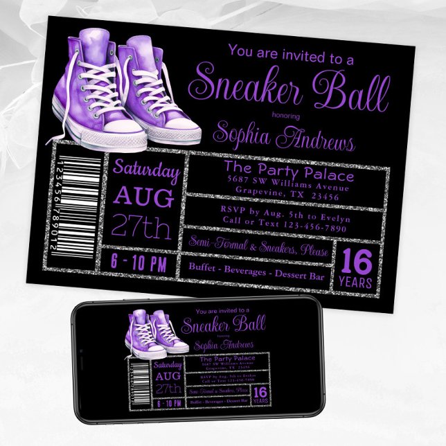 Invitation Étiquette de chaussure pour fête d'anniversaire à  (Purple black sneaker ball invitation. Available for instant download and print.)