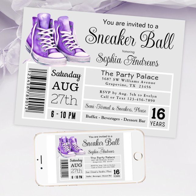 Invitation Étiquette de chaussure pour fête d'anniversaire à  (Purple sneaker ball invitation shoe label style. Available in instant download and print files.)