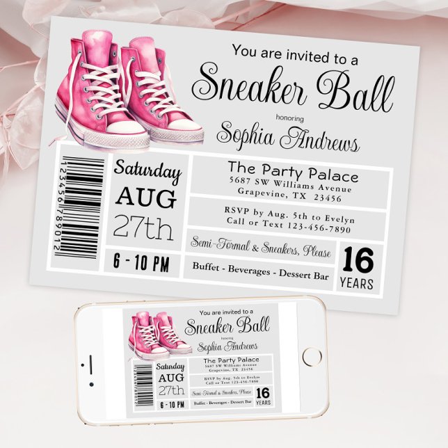 Invitation Étiquette de chaussure pour fête d'anniversaire Pi (Pink gray sneaker ball shoe box label style. Available for instant download and print.)
