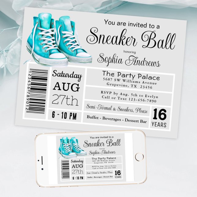 Invitation Étiquette de chaussure pour fête d'anniversaire Te (Teal sneaker ball invitation shoe label style. Available for instant download and print.)