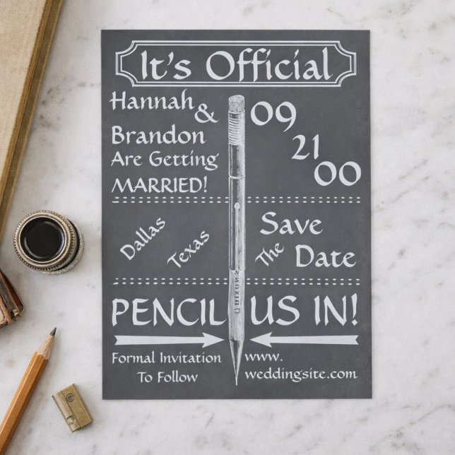 Invitation / Étiquette de sauvegarde de style tabl (Fun vintage style typography "Pencil Us In" save the date card. Unique way to introduce your wedding)