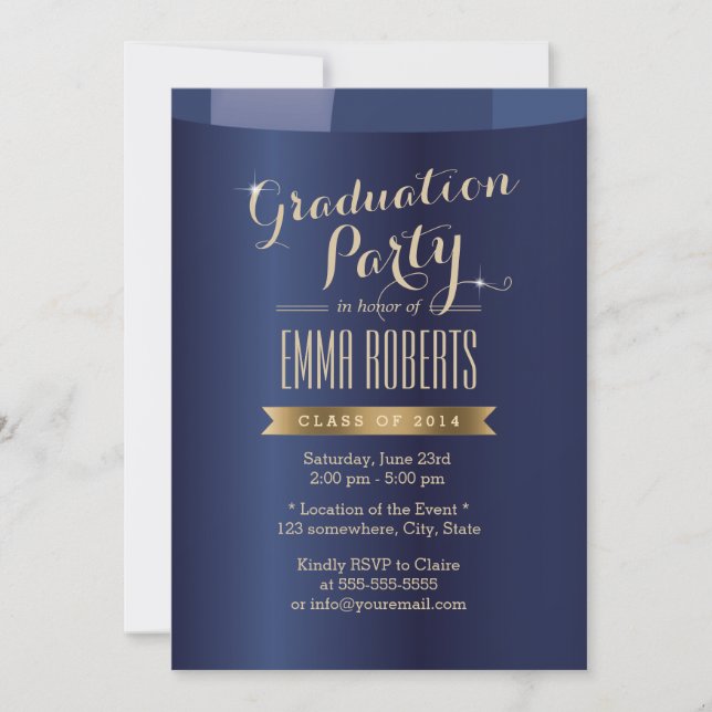Invitation Étiquette d'or Marine Blue Graduation Party Invita (Devant)