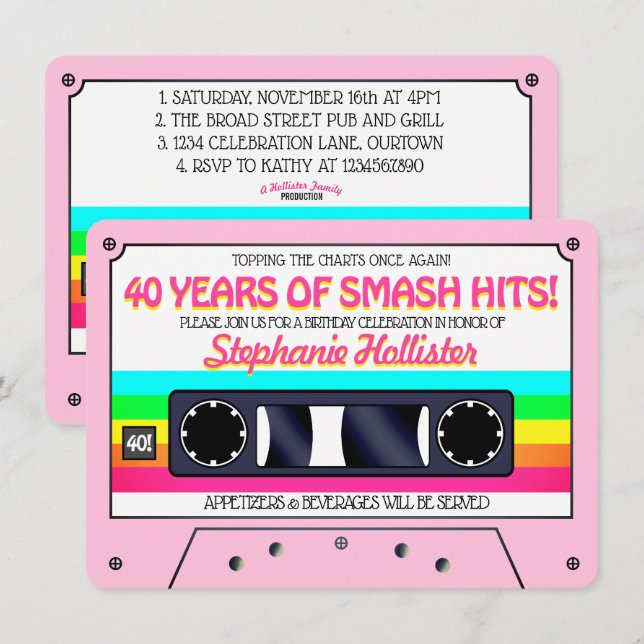 Invitation Étiquette néon rose Rétro 80's pour cassette pour  (Devant / Derrière)