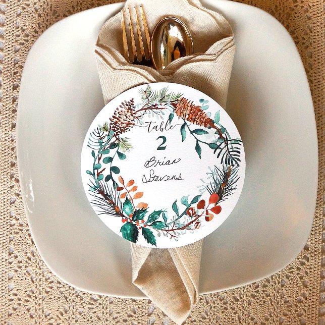 Invitation Étiquettes de nom de couronne de pin eucalyptus pi (winter wedding reception table setting name place card unique rustic pinecone pine needles wreath)
