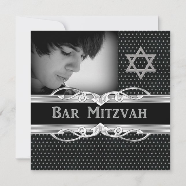 Invitation Étoile Bar Mitzvah Noir Métal Argenté Studs (Devant)