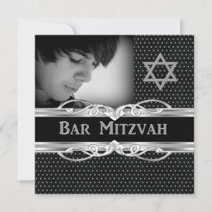 Invitation Étoile Bar Mitzvah Noir Métal Argenté Studs