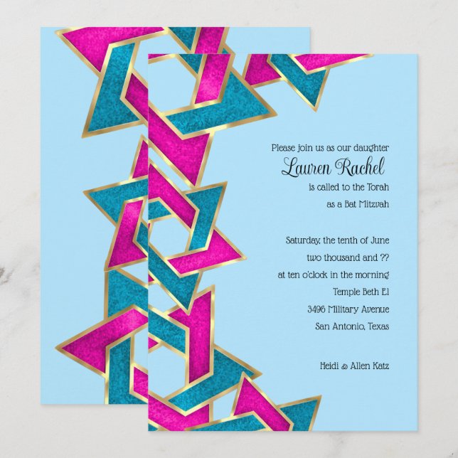 Invitation Étoile bat mitzvah rose turquoise de David (Devant / Derrière)