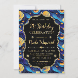 Invitation Étoile bleue et jaune Nuit d'anniversaire 21 ans