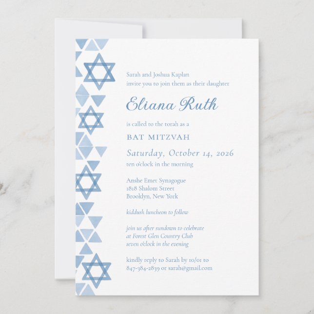 Invitation Étoile bleue moderne de David Bat mitzvah (Devant)