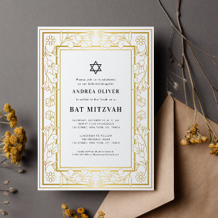 Invitation Étoile de David Bar Bat Mitzvah cadre floral or