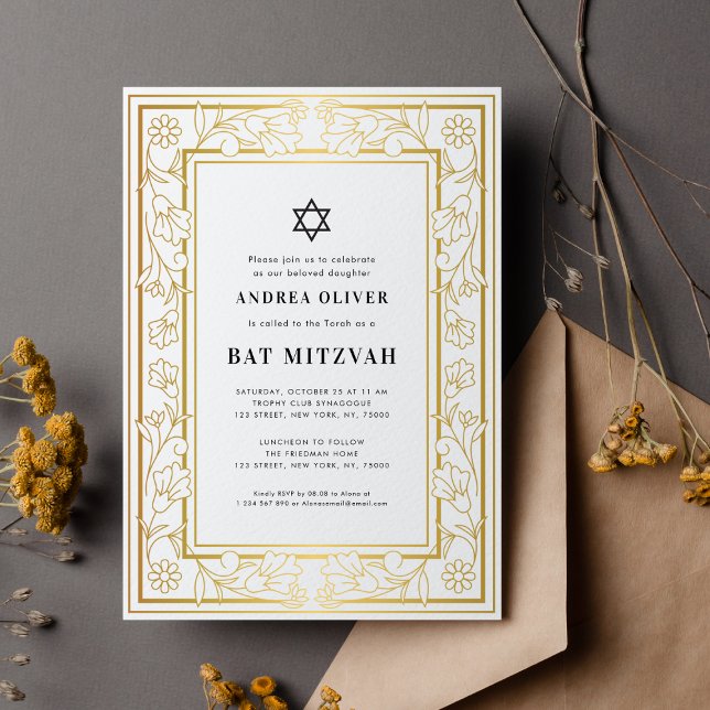 Invitation Étoile de David Bar Bat Mitzvah cadre floral or (Créateur téléchargé)