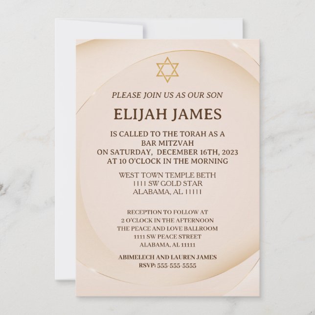 Invitation Étoile de David Bar Mitzvah élégante moderne en or (Devant)