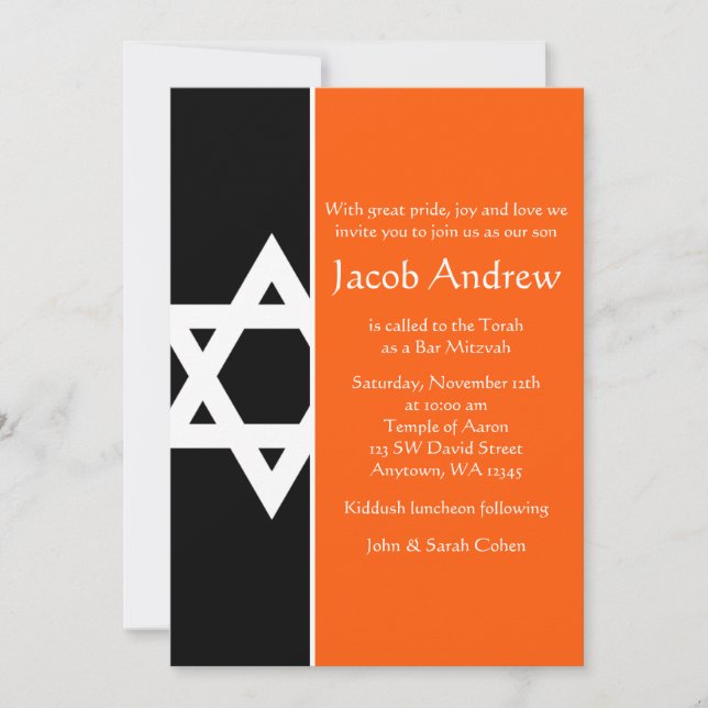 Invitation Étoile de David Bar Mitzvah orange et noir (Devant)