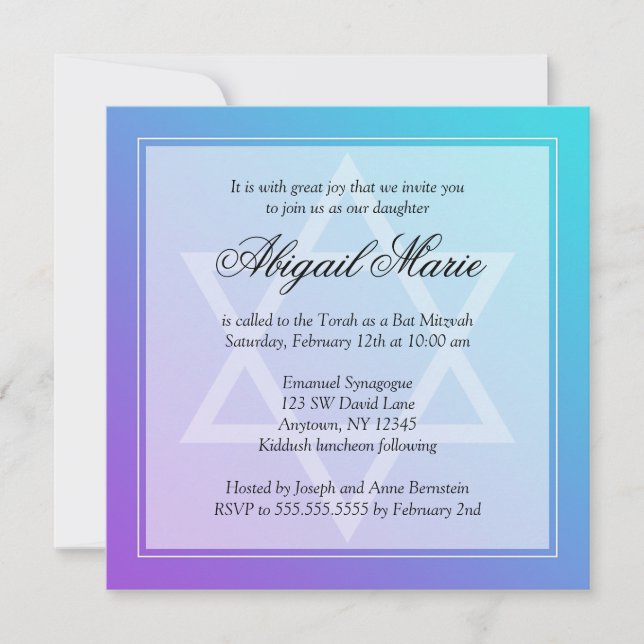 Invitation Étoile de David Bat Mitzvah Carré sarcelle violet (Devant)