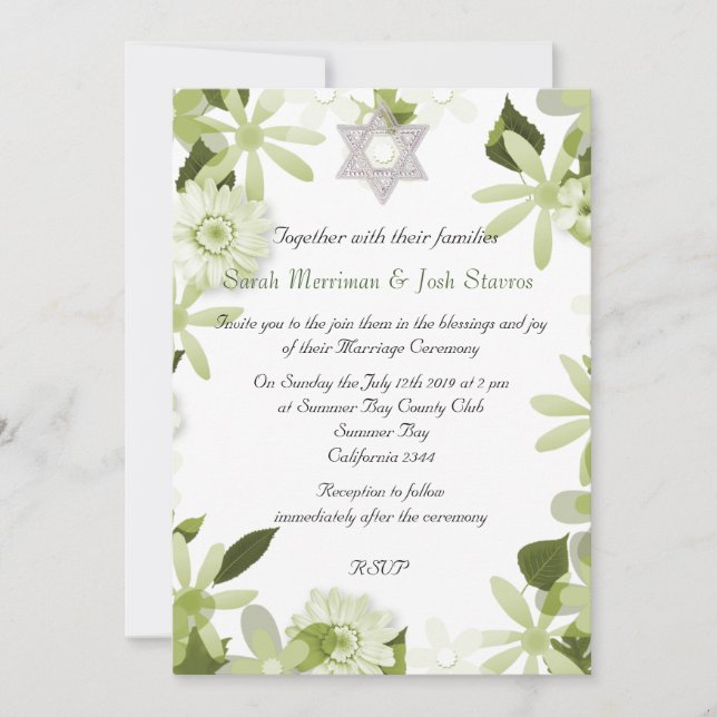 Invitation Étoile de David chuppah floral mariage juif (Devant)