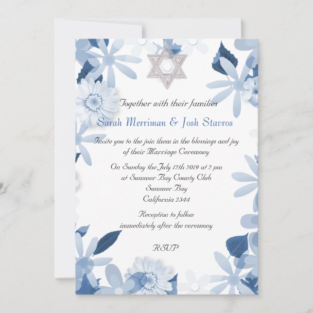 Invitation Étoile de David chuppah floral mariage juif (Devant)