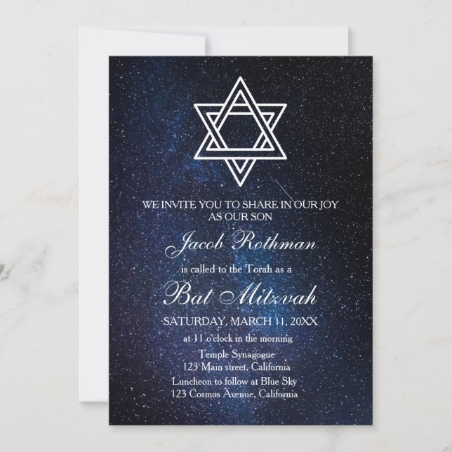 Invitation Étoile de David Élégant Simple Bleu Bat Mitzvah (Devant)