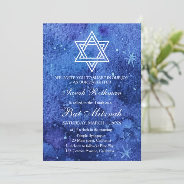 Invitation Étoile de David Élégante Simple Bleue Bat Mitzvah (Debout devant)