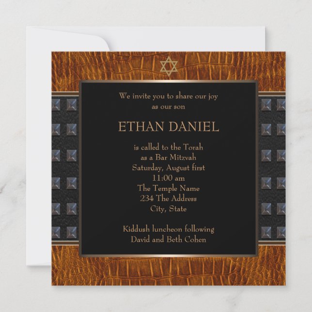 Invitation Étoile de David en cuir noir marron Bar Mitzvah (Devant)