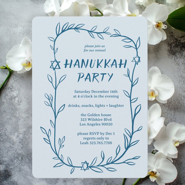 Invitation Étoile de David fête de Hanoukka botanique délicat (Delicate Botanical Hand-drawn Hanukkah Party Star of David Event Invitation
)
