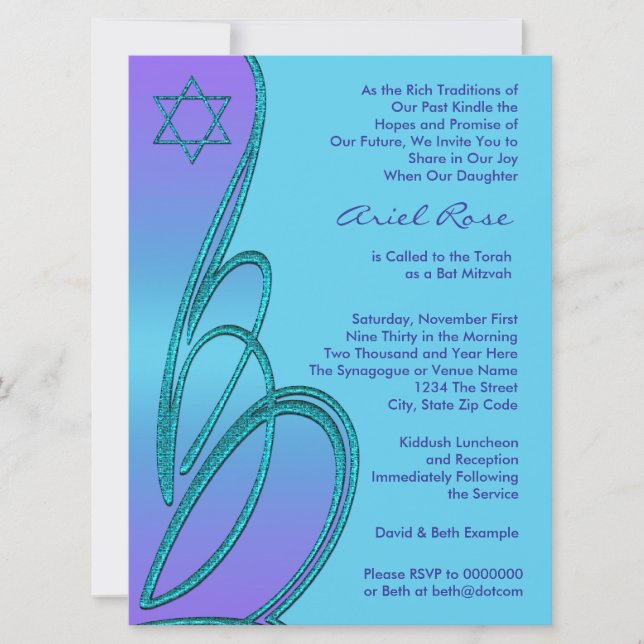 Invitation Étoile de David violette sarcelle pour Bat Mitzvah (Devant)