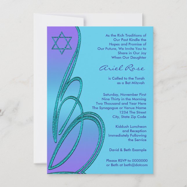Invitation Étoile de David violette sarcelle pour Bat Mitzvah (Devant)