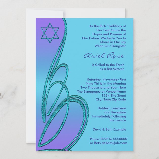 Invitation Étoile de David violette sarcelle pour Bat Mitzvah (Devant)