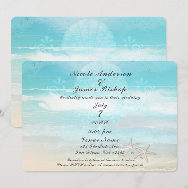 Invitation Étoile de mer blanche de plage Mariage d'été éléga (Devant / Derrière)