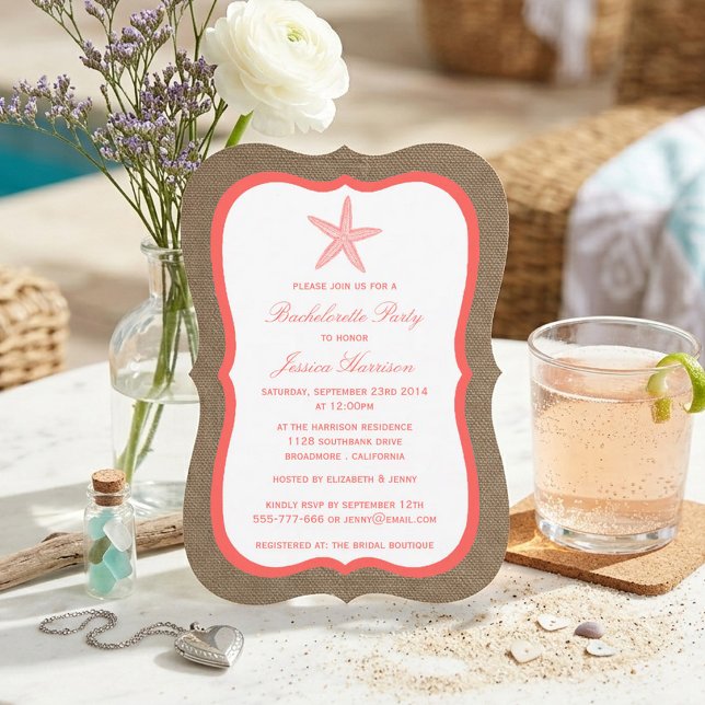 Invitation Étoile de mer corail plage toile de jute enterreme (Créateur téléchargé)