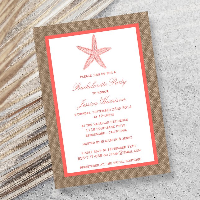 Invitation Étoile de mer corail plage toile de jute enterreme (Créateur téléchargé)