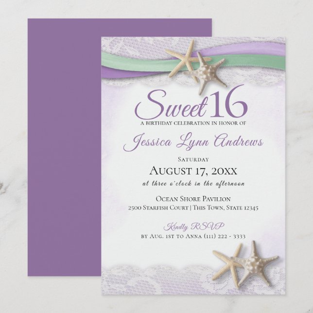Invitation Étoile de mer et dentelle Sweet 16 (Devant / Derrière)