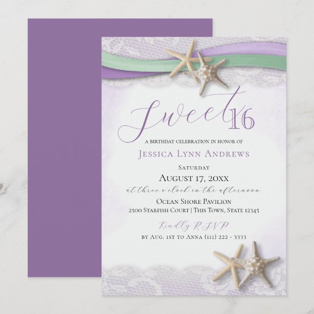 Invitation Étoile de mer et dentelle Sweet 16 (Devant / Derrière)